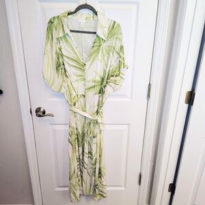 NEW H&M Retro Vintage-Inspired Belted Shirt Dress White Green Tropical Plus XXL